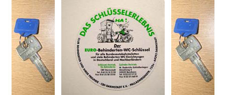 Der EURO-Behinderten-WC-Schlüssel für alle Bundesautobahntoiletten und viele Behinderten-WC-Einrichtungen in Deutschland und Nachbarländern kann unter der Nummer 06151/81220 angefordert werden. 