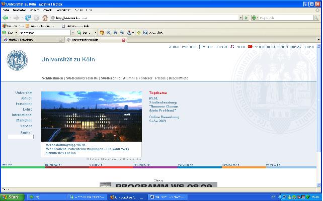 Screenshot von der Homepage der Uni Köln